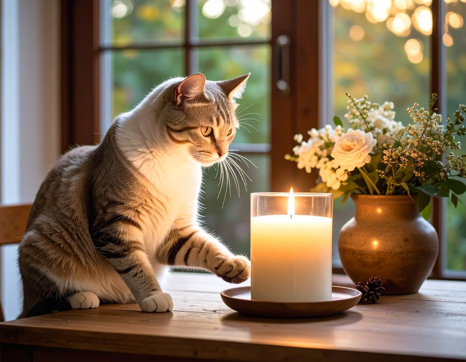 cat, candle and flower vase on the table